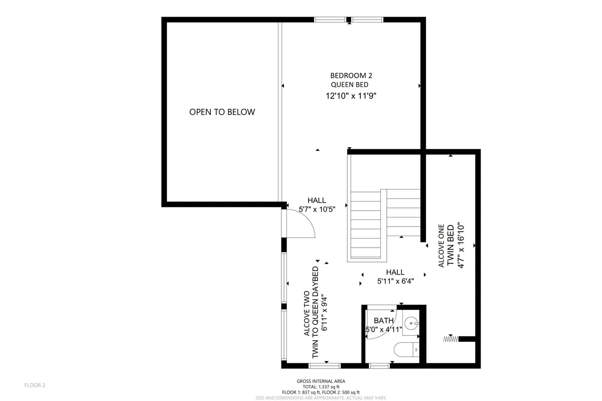 A view showcasing bedrooms, a bath, and stairs, all in close proximity. The cozy and comfortable ambiance highlights the connection between sleeping areas and bathroom facilities, subtly indicating thoughtful layout and ease of access.